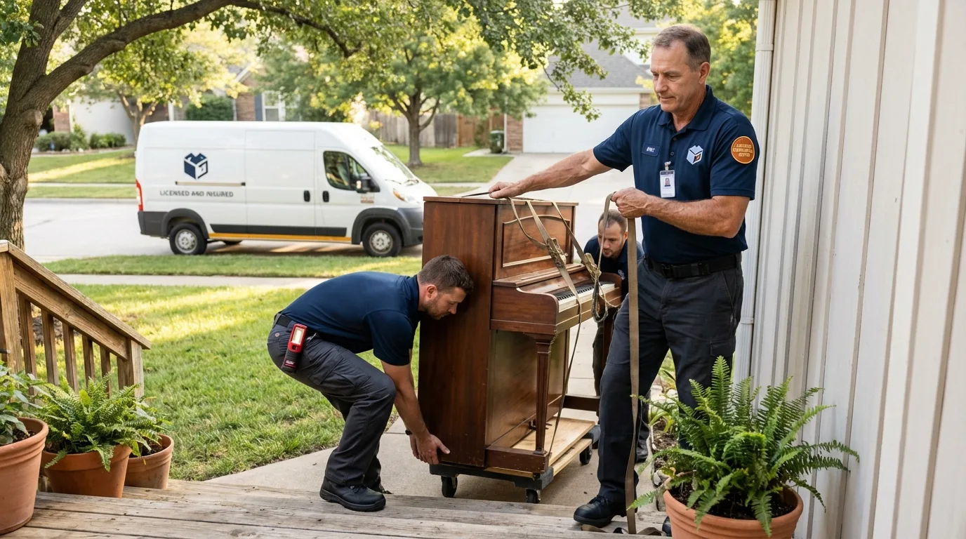 Licensed piano movers securing grand piano in Delhi, CA