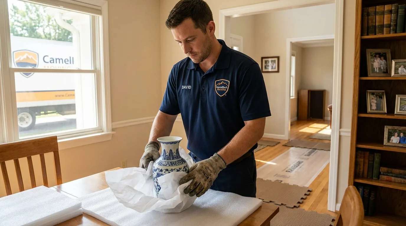 Professional crew carefully wrapping antique vase for senior downsizing move in Delhi, CA